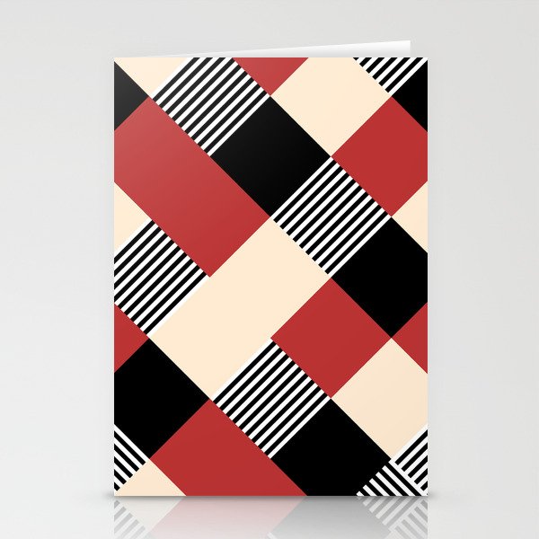 Diamond Plaid Stripes Harlequin Red Black White Beige Stationery Cards