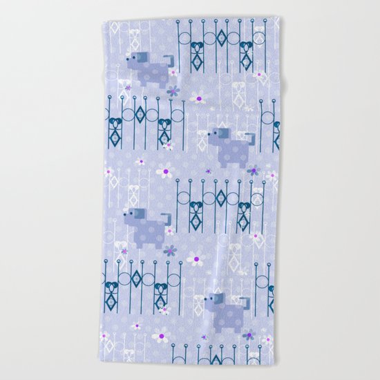 Blue pattern with puppy . Beach Towel