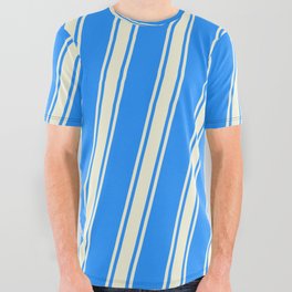 [ Thumbnail: Blue and Beige Colored Striped/Lined Pattern All Over Graphic Tee ]