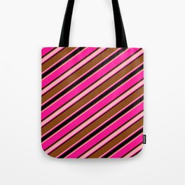 [ Thumbnail: Brown, Light Pink, Deep Pink & Black Colored Stripes/Lines Pattern Tote Bag ]
