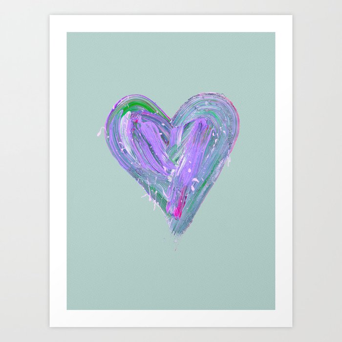 Fun Purple and Teal Heart Painting over Minty Teal Green Art Print