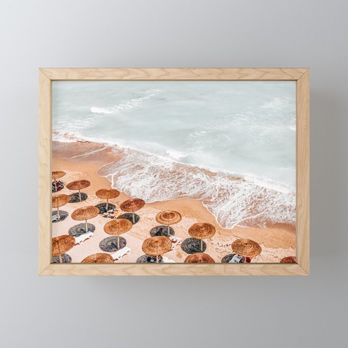 Summer Beach Umbrellas, Aerial Beach Australia Print, Ocean Waves Coastal Art Print, Round Umbrella Vibes Framed Mini Art Print