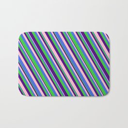 [ Thumbnail: Pink, Royal Blue, Lime Green, and Indigo Colored Lined/Striped Pattern Bath Mat ]