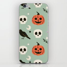 Halloween seamless pattern with ravens, skulls and pumpkin. Cute spooky illustration. Trick or treat holiday background. Hand drawn endless texture iPhone Skin