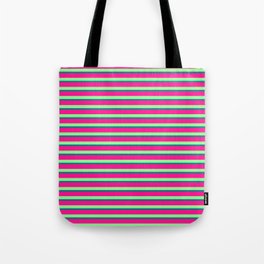 [ Thumbnail: Green, Teal, and Deep Pink Colored Stripes Pattern Tote Bag ]