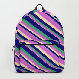 [ Thumbnail: Blue, Sea Green, Orchid, and Beige Colored Striped/Lined Pattern Backpack ]