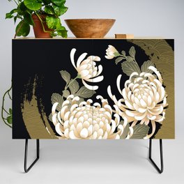 White Peonies Red Maple Leaves Japanese Kimono Pattern Credenza