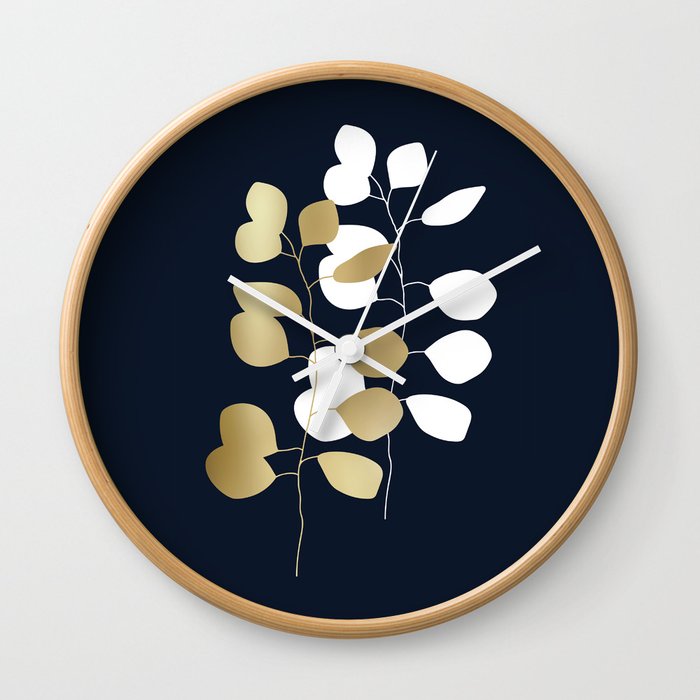 Leaf Duo, Gold and White on Navy Blue Wall Clock