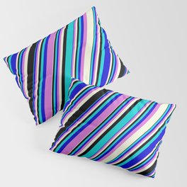 [ Thumbnail: Eye-catching Dark Turquoise, Blue, Orchid, Beige, and Black Colored Stripes Pattern Pillow Sham ]