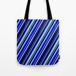 [ Thumbnail: Light Sky Blue, Blue & Black Colored Stripes/Lines Pattern Tote Bag ]