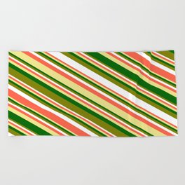 [ Thumbnail: Eyecatching Green, White, Red, Tan & Dark Green Colored Striped/Lined Pattern Beach Towel ]