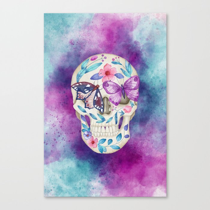 Watercolor Sugar Skull with Flowers & Butterflies Canvas Print