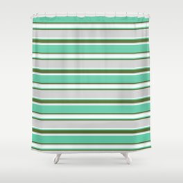 [ Thumbnail: Aquamarine, Dark Olive Green, Light Grey, and Mint Cream Colored Pattern of Stripes Shower Curtain ]