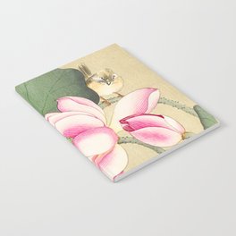 Bird sitting on lotus flower  - Vintage Japanese Woodblock Print Art Notebook