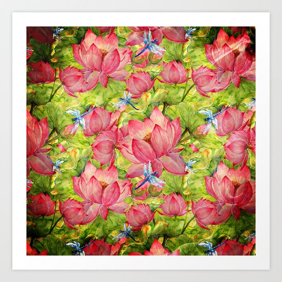 Floral Lotus Flowers Pattern with Dragonfly Art Print