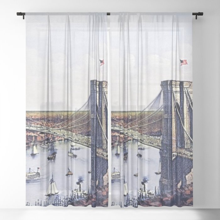 Vintage 19th Century East River Suspension Bridge - Brooklyn Bridge Lithograph Sheer Curtain