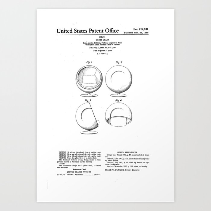 Eero Aarnio Ball Chair Patent Blueprint Artwork Reproduction