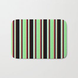 [ Thumbnail: Crimson, Light Green, Light Cyan, and Black Colored Pattern of Stripes Bath Mat ]