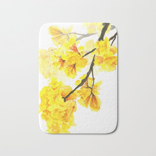 yellow trumpet trees watercolor yellow roble flowers yellow Tabebuia Bath Mat