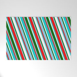 [ Thumbnail: Sky Blue, Red, Dark Turquoise, White, and Dark Green Colored Striped Pattern Welcome Mat ]