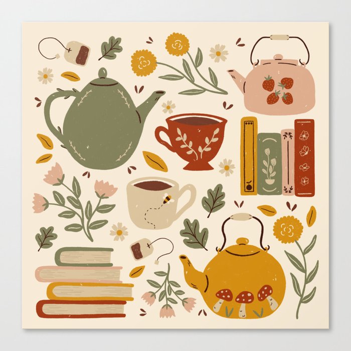 Flowery Books and Tea Canvas Print
