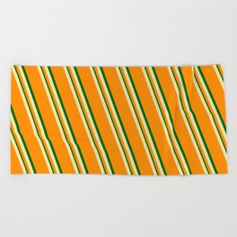 [ Thumbnail: Pale Goldenrod, Dark Orange, and Dark Green Colored Lined Pattern Beach Towel ]