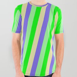 [ Thumbnail: Lime, Pale Goldenrod, Medium Slate Blue, and Green Colored Lined/Striped Pattern All Over Graphic Tee ]