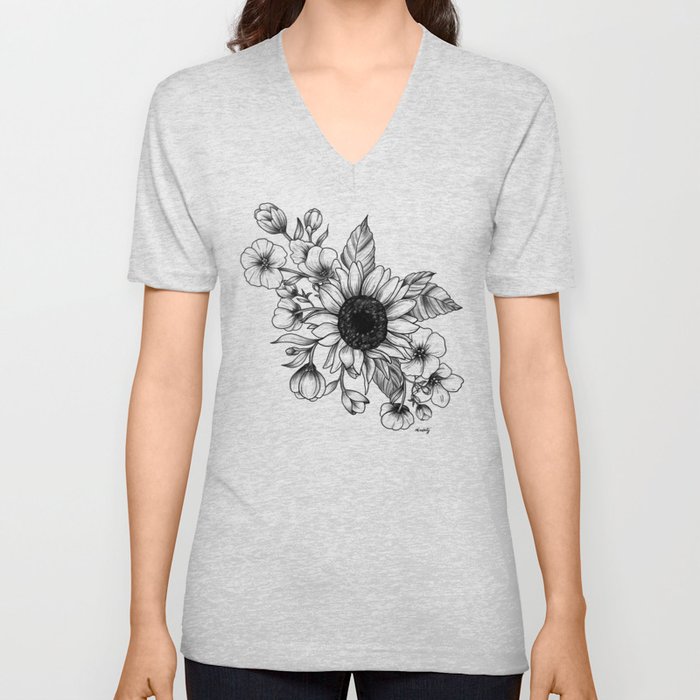 Bouquet of Flowers with Sunflower / Fall floral lineart V Neck T Shirt