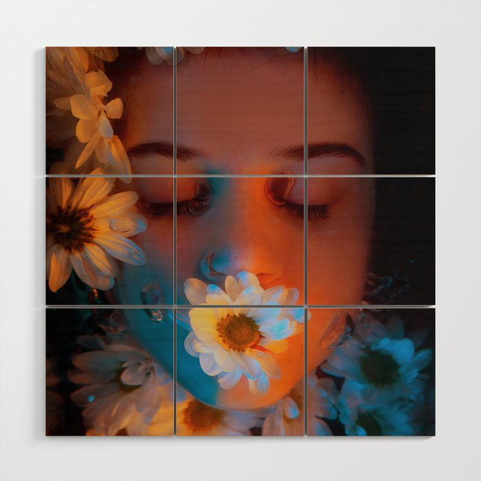 Wild daises; young woman underwater with flowers floral surreal fantasy color portrait photograph / photography Wood Wall Art
