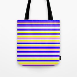 [ Thumbnail: Eyecatching Pink, Blue, Purple, Light Cyan & Yellow Colored Striped Pattern Tote Bag ]