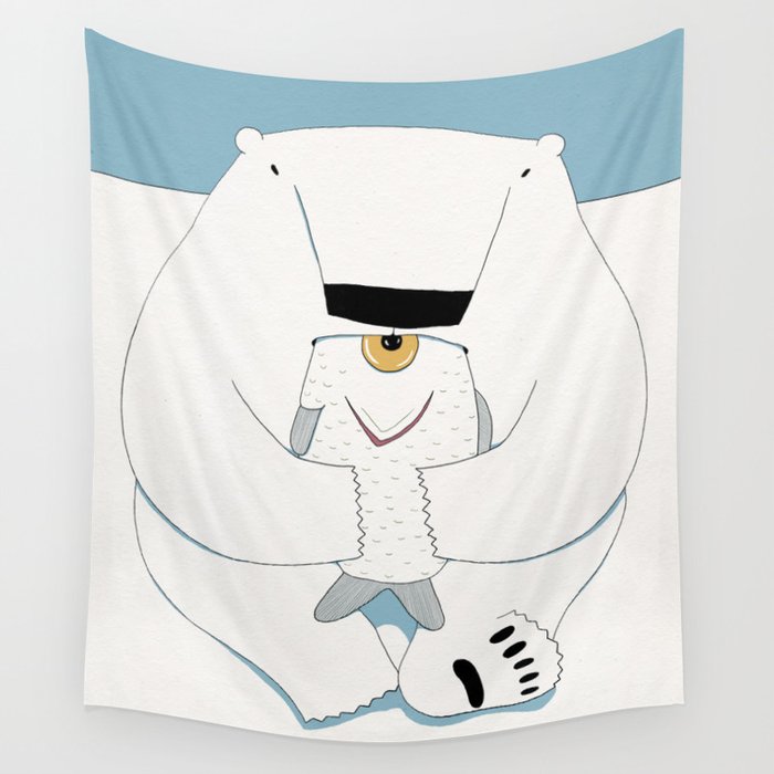 Polar bear eating fish Wall Tapestry