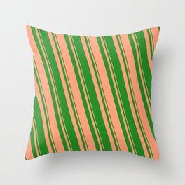 [ Thumbnail: Forest Green & Light Salmon Colored Lined/Striped Pattern Throw Pillow ]