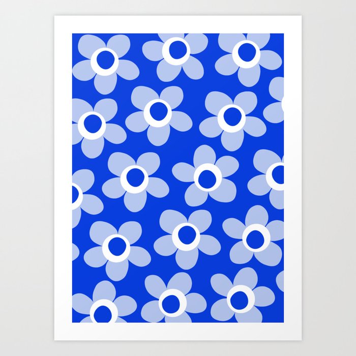 Blue Maisie Flowers Cheerful Floral Pattern in Royal Blue and Light Blue Art Print