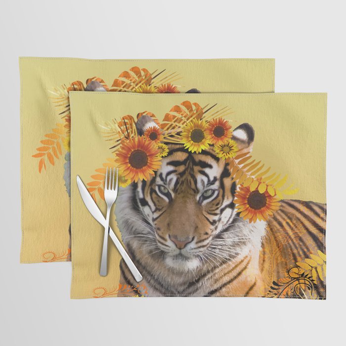 Tiger - Wild Animals Sunflower Mandala Monstera Leaves Fantasy Placemat