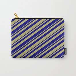 [ Thumbnail: Dark Khaki and Blue Colored Lines Pattern Carry-All Pouch ]