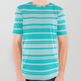 [ Thumbnail: Dark Turquoise and Powder Blue Colored Striped Pattern All Over Graphic Tee ]