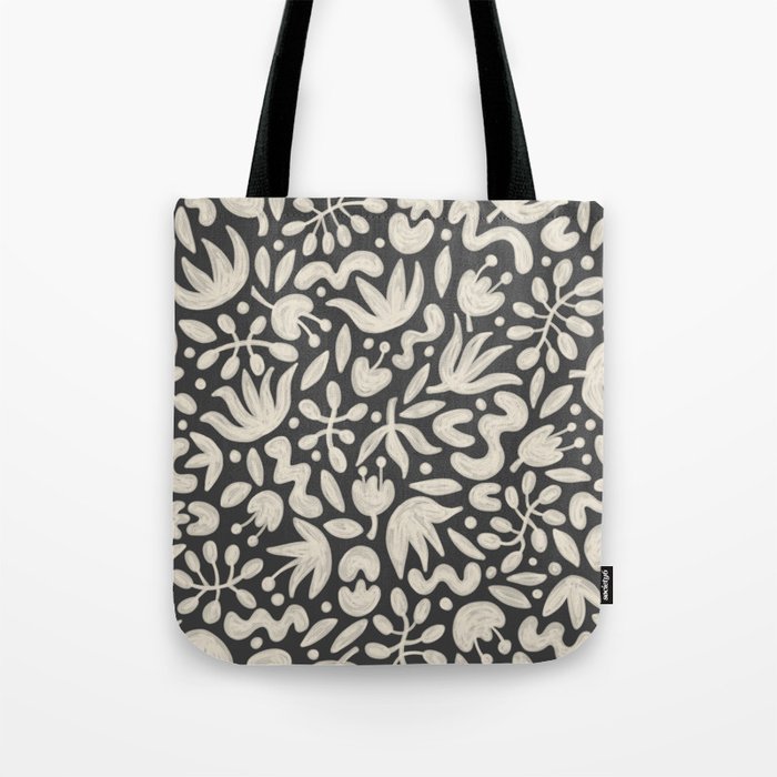 Florals in Off White and Spade Black | Hand Painted Pattern Tote Bag