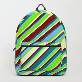 [ Thumbnail: Light Sky Blue, Green, Light Yellow, Dark Red, and Teal Colored Lined/Striped Pattern Backpack ]