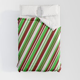 [ Thumbnail: Maroon, White, and Lime Green Colored Striped/Lined Pattern Duvet Cover ]