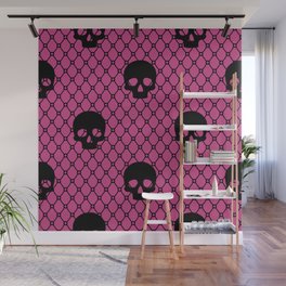Black skulls Lace Gothic Pattern on Fuchsia Pink Wall Mural