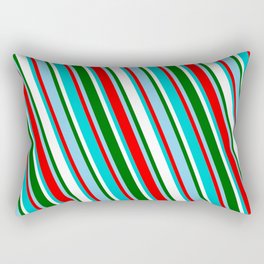 [ Thumbnail: Sky Blue, Red, Dark Turquoise, White, and Dark Green Colored Striped Pattern Rectangular Pillow ]