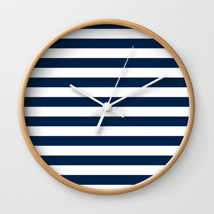 Narrow Horizontal Stripes White And Oxford Blue Wall Clock By