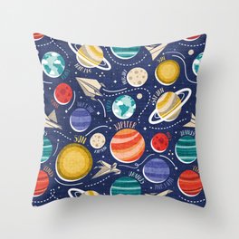 Paper space adventure I // navy blue background multicoloured solar system paper cut planets origami paper spaceships and rockets  Throw Pillow