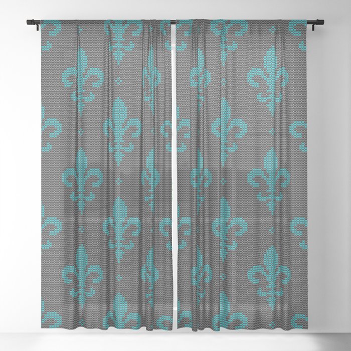 Fleur de Lis pattern modern textured teal on black Sheer Curtain