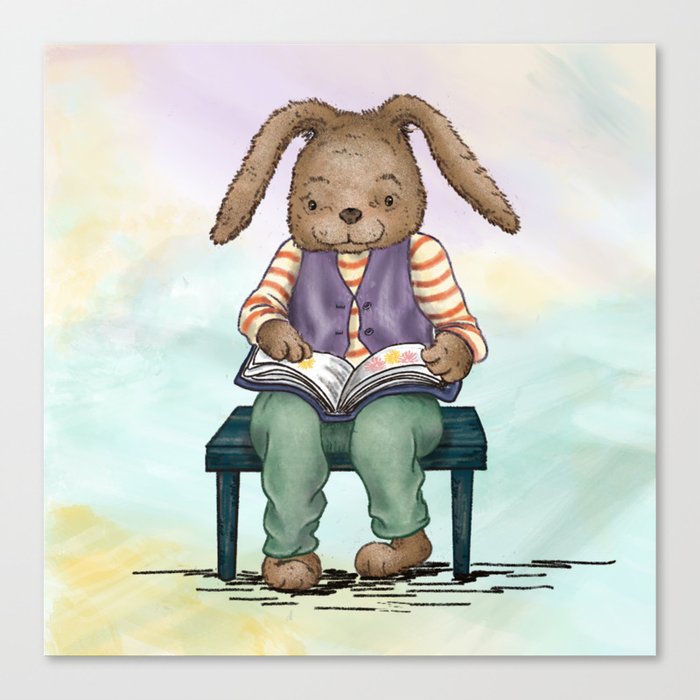 Bunny with Book on Watercolor Canvas Print