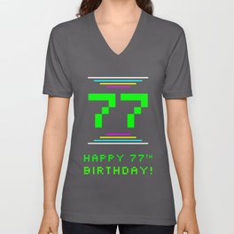 [ Thumbnail: 77th Birthday - Nerdy Geeky Pixelated 8-Bit Computing Graphics Inspired Look V Neck T Shirt V-Neck T-Shirt ]