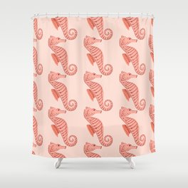 Seamless pattern with seahorse doodle ornament. Pink background. Nature design Shower Curtain