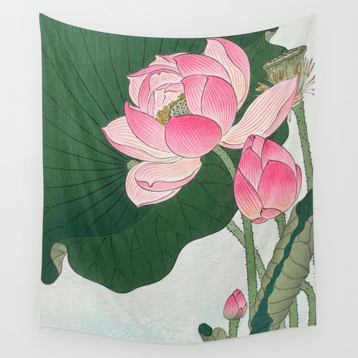 Blossoming lotus flower Vintage Japanese Woodblock Print Art Wall Tapestry by VintageJapaneseArt Society6