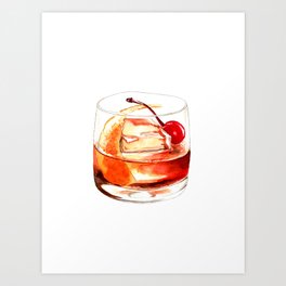 Cocktails. Old Fashioned. Watercolor Painting. Art Print