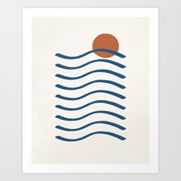 Sunset Sea Lines | Blue and Orange Ocean Waves Art Print